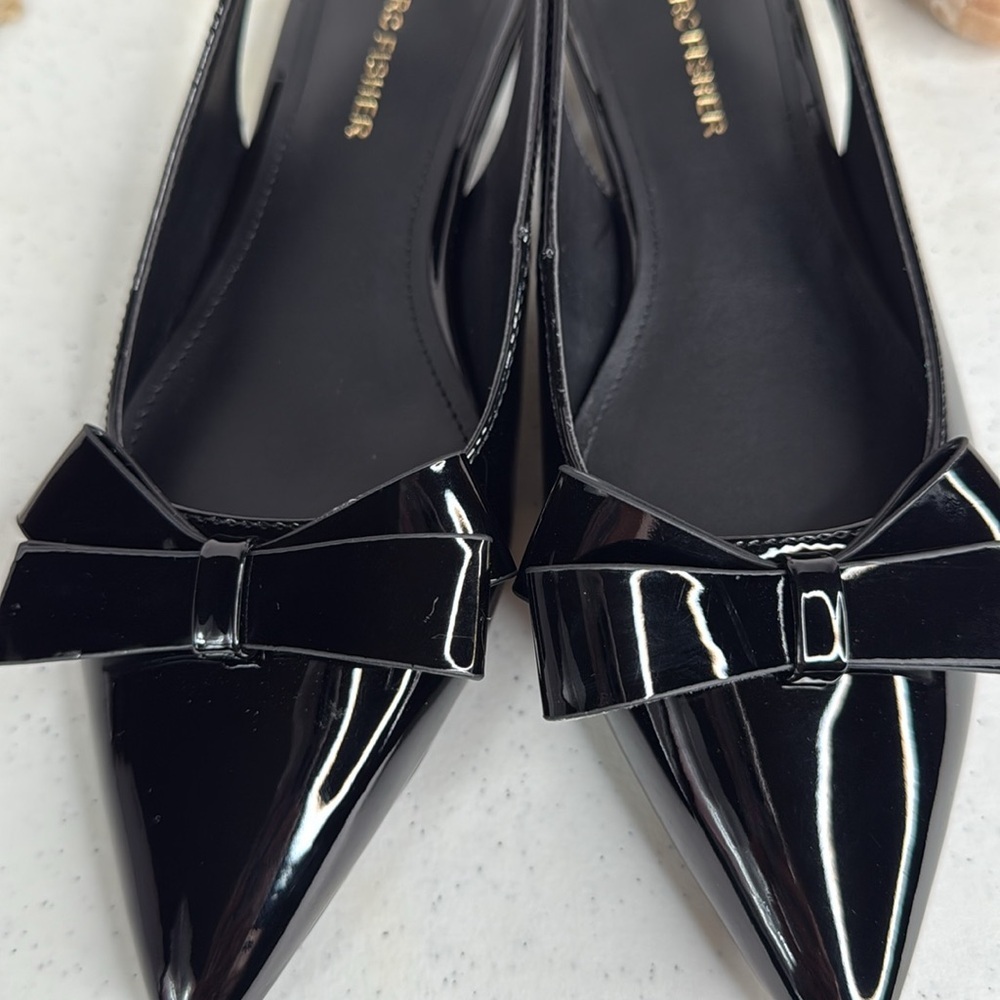 Marc Fisher Black Patent Pointed Toe Slingback Flats with Bow - Picture 7 of 13
